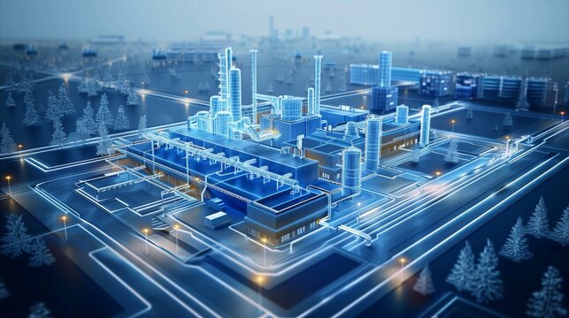 A 3D-style smart factory blue and white scheme smart factory, Data visualization Including automation equipment, AGV, warehousing equipment, factory workshop, environmental facilities. Generative AI.