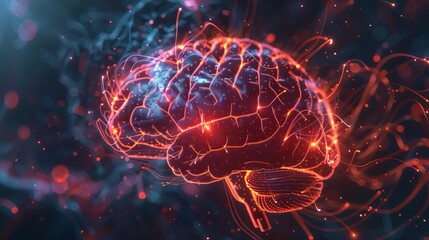 Artistically rendered human brain with vivid light trails symbolizing creative thoughts and inspiration, visually striking and intricate