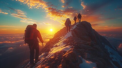 An intense movie poster with a business team climbing a steep mountain, symbolizing overcoming challenges together