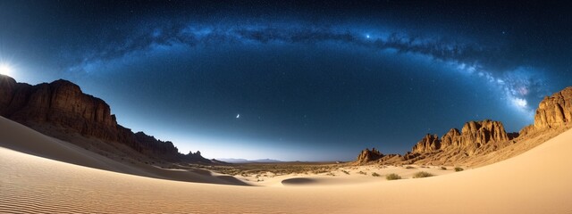 Night scenery galaxy milky way desert wallpaper. Desert night landscape. The sky with stars and the milky way over the endless desert.