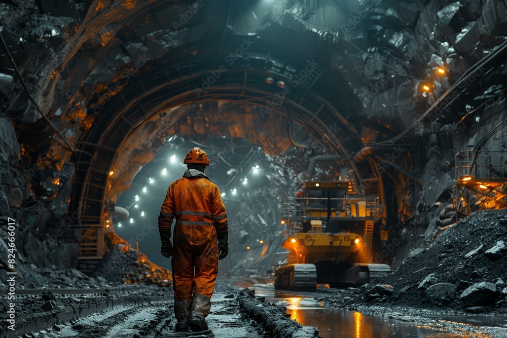 Poster miner overlooking underground mining operations. miner in reflective safety clothing stands observin