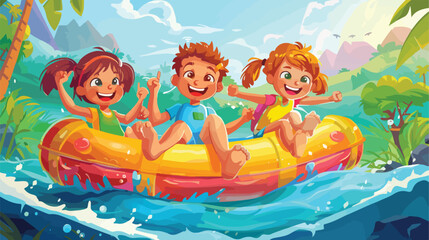 Happy kids on water attraction. Aquapark slide joy Ca