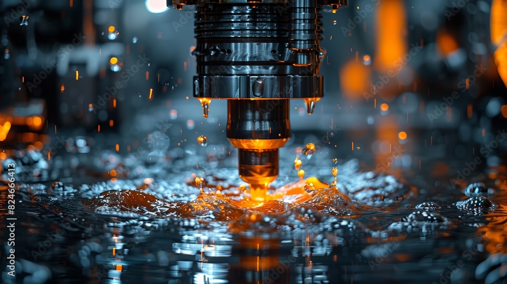 Poster precision cnc machining with water cooling. close-up of a cnc machine in action with water cooling, 