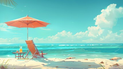 Beach chair and umbrella with juice on a table at a sunny beach, summer vacation concept. Vector illustration style. Generative AI.