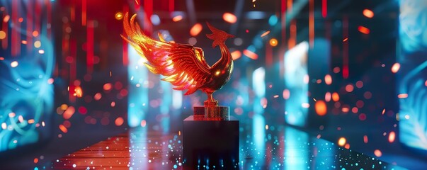 Best performance trophy shaped like a rising phoenix, placed on a polished pedestal beside digital screens