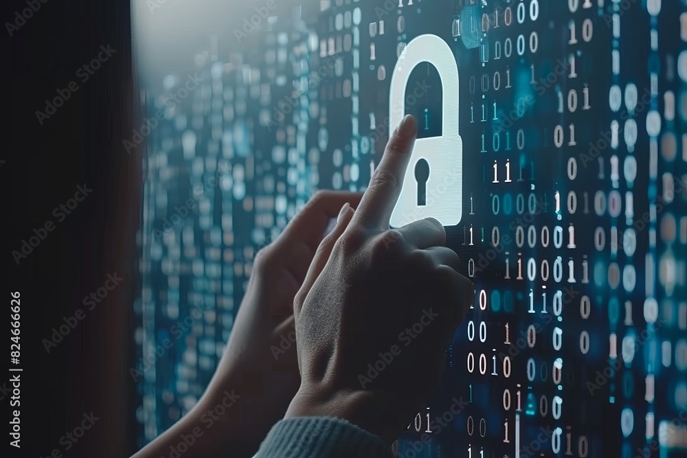 Poster hand interacting with digital padlock on network interface