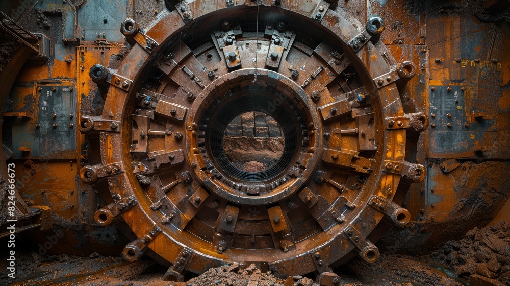 Poster massive tunnel boring machine head. close-up of a massive tunnel boring machine head, showcasing its