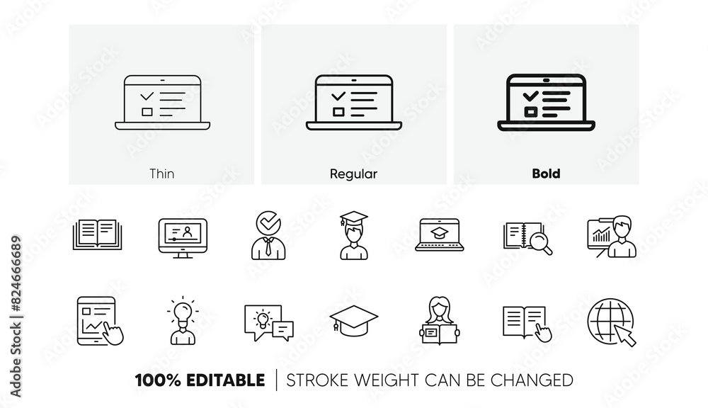 Poster book, video tutorial and instructions. education line icons. presentation linear icon set. line icon