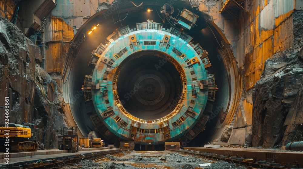 Poster massive tunnel boring machine in mine. massive tunnel boring machine operating in a mine, showcasing