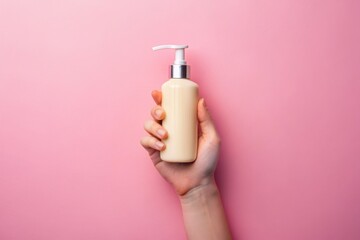 Closeup of female hand showing dispenser bottle with cosmetic product over pink background.
