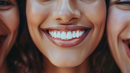 Fototapeta premium Perfect healthy teeth smile of a young woman. Teeth whitening. Dental clinic patient. Stomatology concept.