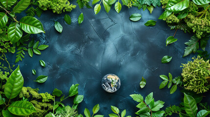 Earth Day Celebration Concept With Globe Surrounded by Green Leaves on Dark Background