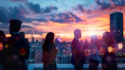 Blurred business professionals networking at a conference, with glowing booth displays and tech screens in the background