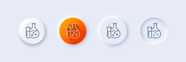 Chemistry flask line icon. Neumorphic, Orange gradient, 3d pin buttons. Laboratory tube sign. Analysis lab symbol. Line icons. Neumorphic buttons with outline signs. Vector