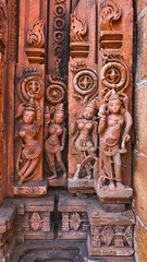 Carvings of Doorkeeper With River Goddess on Garbhagriha Gate, Shri Siddhanath Temple, Omkareshwar, Madhya Pradesh, India.