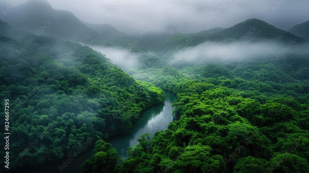 Poster Aerial view of a misty, dense forest with a winding river below, enveloped by fog and lush greenery, creating a mystical and tranquil landscape.