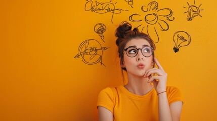 Woman thinking, having an idea with painted doodles and copyspace. Orange and yellow background. Creative thinking, brainstorming concept.