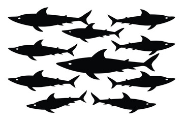 Set of bamboo Shark animal black silhouette vector on white background