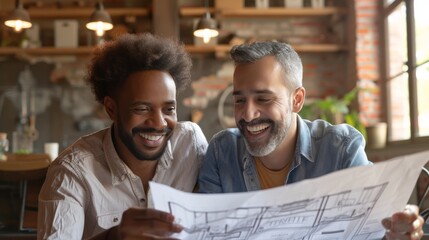 Happy gay couple discussing house blueprints indoors, envisioning their future home together. The photo captures their joy and collaborative spirit as they plan their living space.