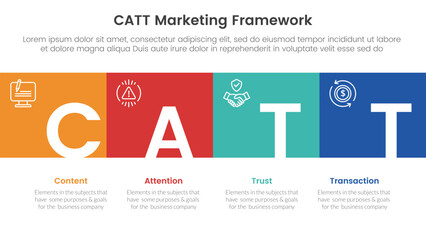 catt marketing framework infographic 4 point stage template with square box full width horizontal and title badge for slide presentation