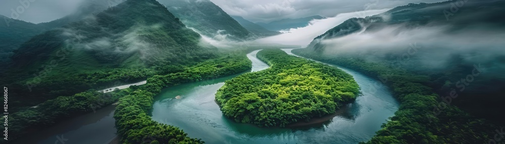 Poster aerial view of a lush, green island surrounded by a winding river and mist-covered mountains, creati