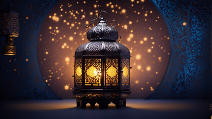 A glowing lantern with ornate designs is hanging in front of a dark blue background with sparkles and two small crescent moons.

