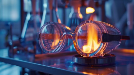A scientists protective goggles reflecting the glow of a Bunsen burner