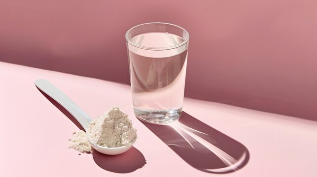 A dose of collagen protein powder and a glass of water. Nourishing and revitalizing dietary supplement.