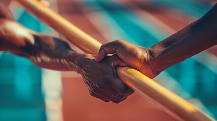 Close-up of hands passing a baton during a relay race, signifying seamless collaboration and continuity
