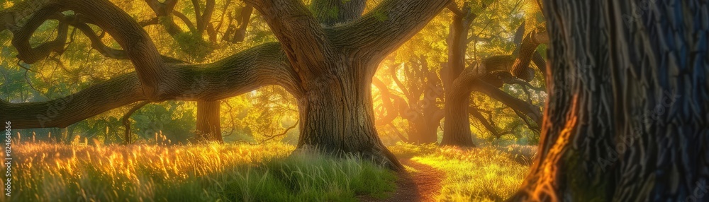 Poster Sun-dappled forest path with ancient oak trees, creating a serene and magical atmosphere in a lush, green woodland setting.