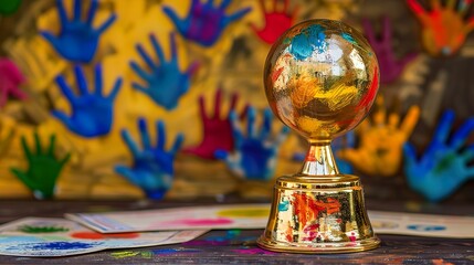 Community service trophy with a shining gold design, surrounded by colorful handprints and volunteer certificates
