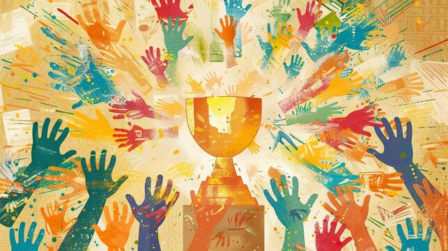 Community service trophy with a shining gold design, surrounded by colorful handprints and volunteer certificates