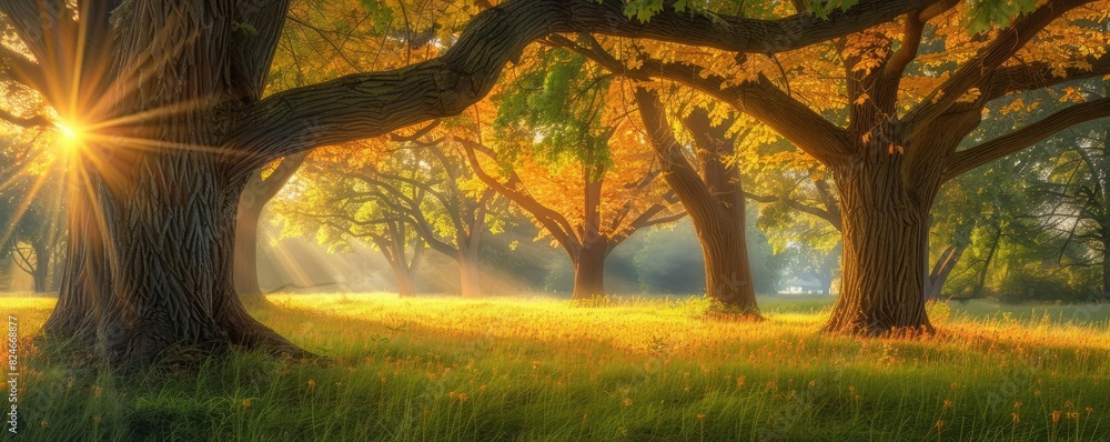 Poster a serene autumn forest with sunlight streaming through the trees, casting warm glows and shadows on 