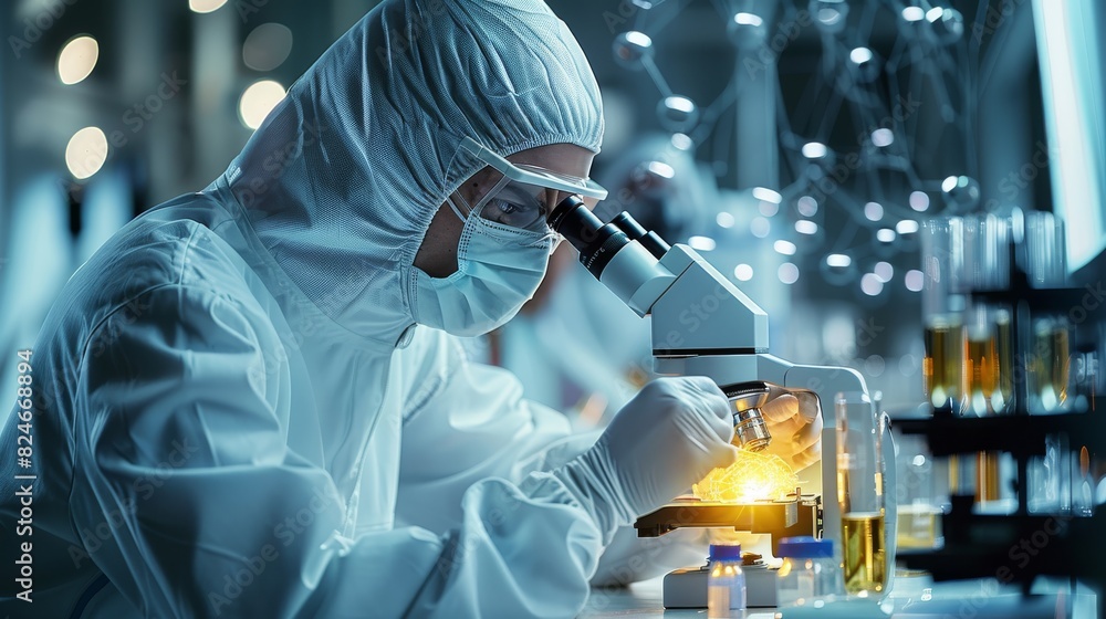 Poster Scientists working in a high-tech biotech laboratory, examining samples under a microscope. Generative AI.