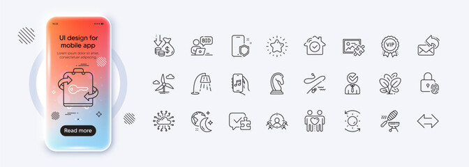 Star, Music app and Fishing rod line icons for web app. Phone mockup gradient screen. Pack of Fish grill, Spinach, Vacancy pictogram icons. Puzzle, Fingerprint lock, Sync signs. Vector