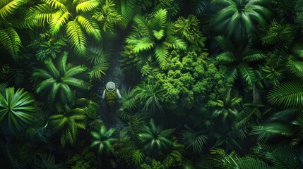 Lush green tropical rainforest with diverse foliage and vibrant greenery, creating a dense and immersive nature scene.
