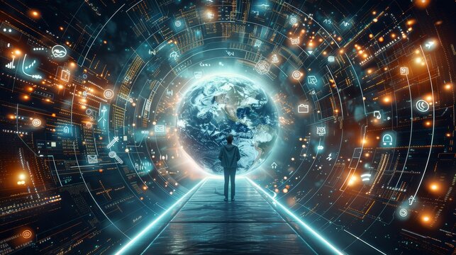 A concept of a person internet surfing, enveloped by a futuristic vortex of digital data and social media symbols circling around Earth. Generative AI.