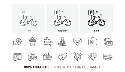 Male female, Web photo and Calendar discounts line icons. Pack of Shopping rating, Kiss me, Fish icon. Free delivery, Buyer, Search puzzle pictogram. Journey, Balloons, Bike. Line icons. Vector
