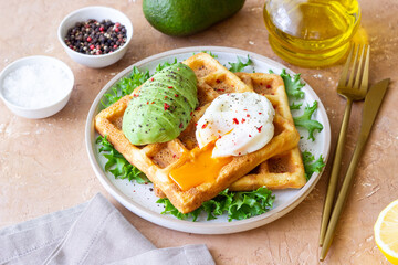 Belgian waffles with avocado and poached egg. Healthy eating. Vegetarian food. Breakfast.
