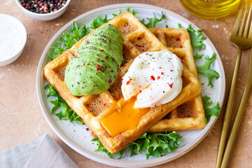 Belgian waffles with avocado and poached egg. Healthy eating. Vegetarian food. Breakfast.