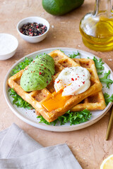Belgian waffles with avocado and poached egg. Healthy eating. Vegetarian food. Breakfast.