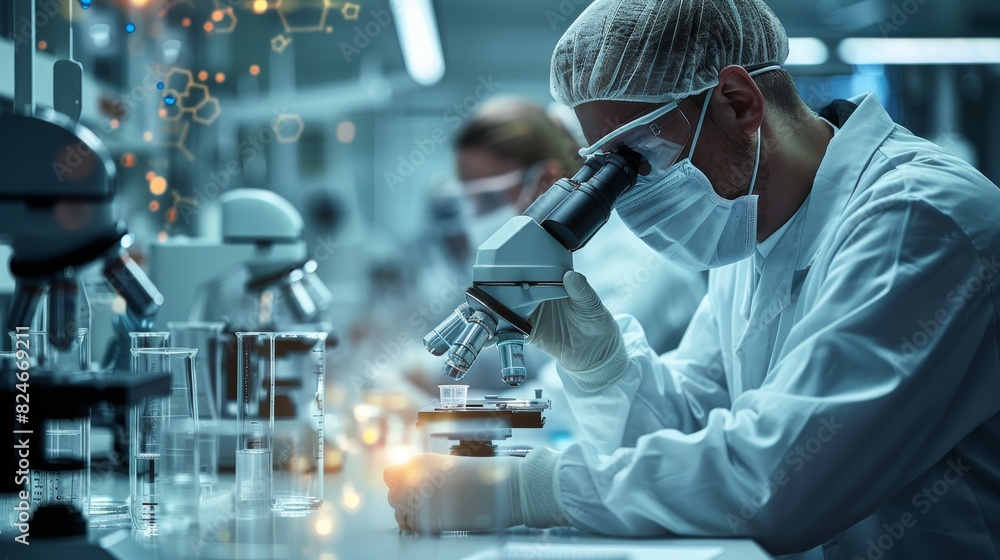 Aufkleber Scientists working in a high-tech biotech laboratory, examining samples under a microscope. Generative AI.