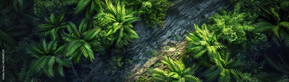 Poster aerial view of a lush, green rainforest with dense foliage and a winding path cutting through the tr