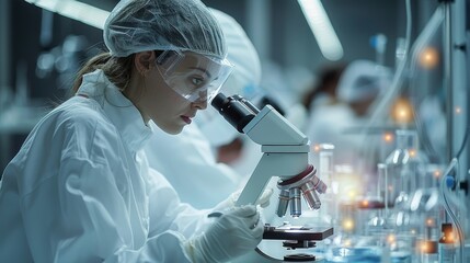 Scientists working in a high-tech biotech laboratory, examining samples under a microscope. Generative AI.