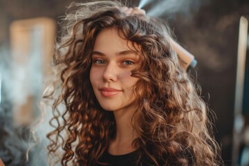 Fototapeta premium Styling. Professional Hairdresser Coiffures Beautiful Woman's Curly Hair in Salon
