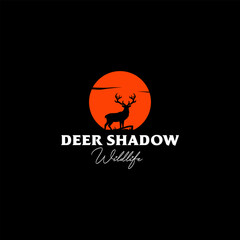 Black Shadow of Deer in Sunset Silhouette, Nature and Animal Landscape Logo