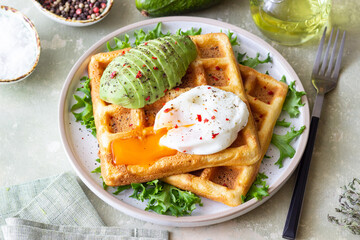 Belgian waffles with avocado and poached egg. Healthy eating. Vegetarian food. Breakfast.