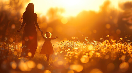 Woman and Child Walking Through a Field at Sunset
