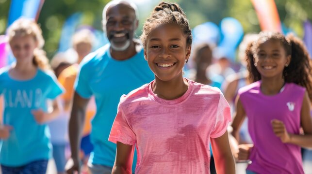 Diverse group participating in a vibrant fundraiser walk/run in a scenic park, wearing colorful athletic wear and interacting joyfully. emphasizing community spirit and health awareness
