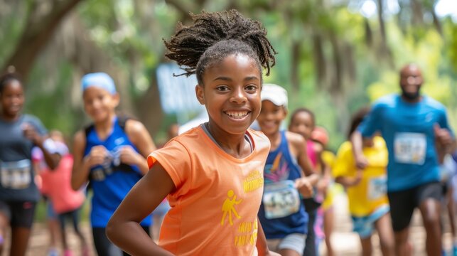 Diverse group participating in a vibrant fundraiser walk/run in a scenic park, wearing colorful athletic wear and interacting joyfully. emphasizing community spirit and health awareness